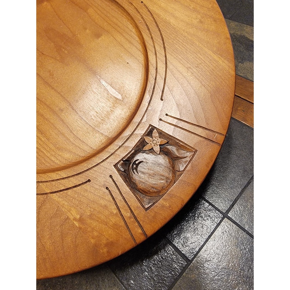 Vtg Hand Turned 14" Carved Birch Wood Platter Snack Plate Apple Carvings Signed - Picture 4 of 11